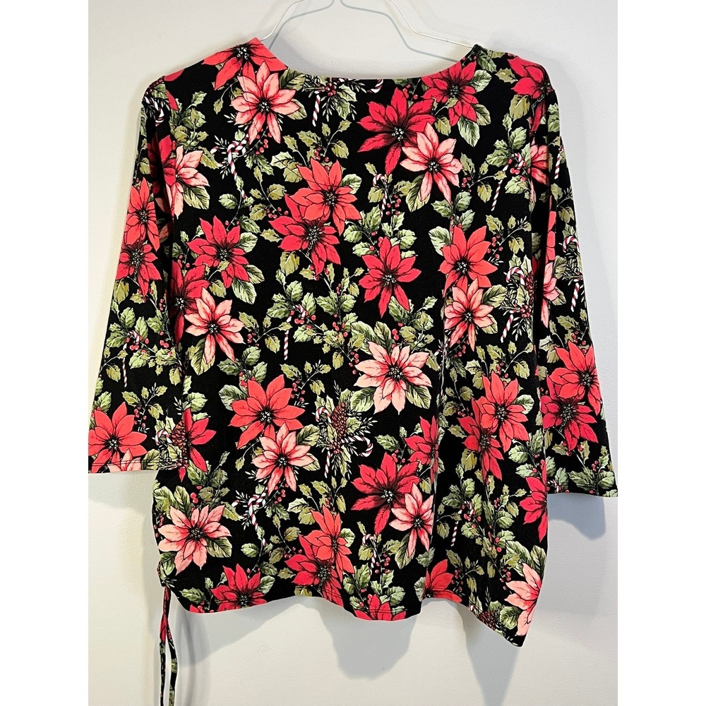 Alfred Dunner Black Floral Scoop Neck Top with Red-Pink Blossoms. Didn’t fit! - Picture 3 of 7